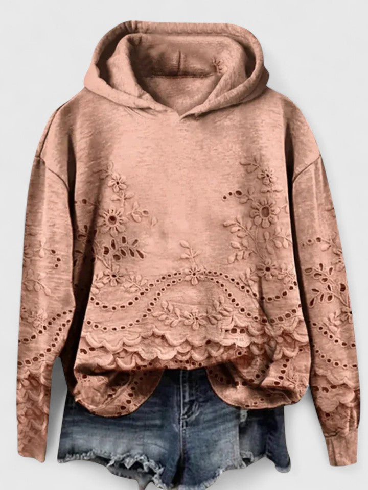 Effortless Floral Eyelet Hoodie for Women with Long Sleeve Scalloped Hem Cropped Casual Style