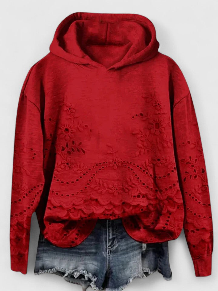 Effortless Floral Eyelet Hoodie for Women with Long Sleeve Scalloped Hem Cropped Casual Style