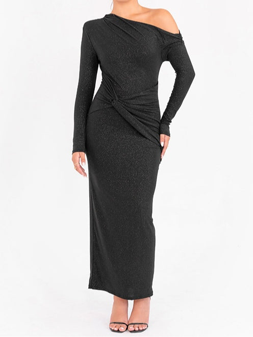 Elegant Glitter Maxi Dress for Women with One Shoulder Long Sleeve Ruched Bodycon Cocktail Style