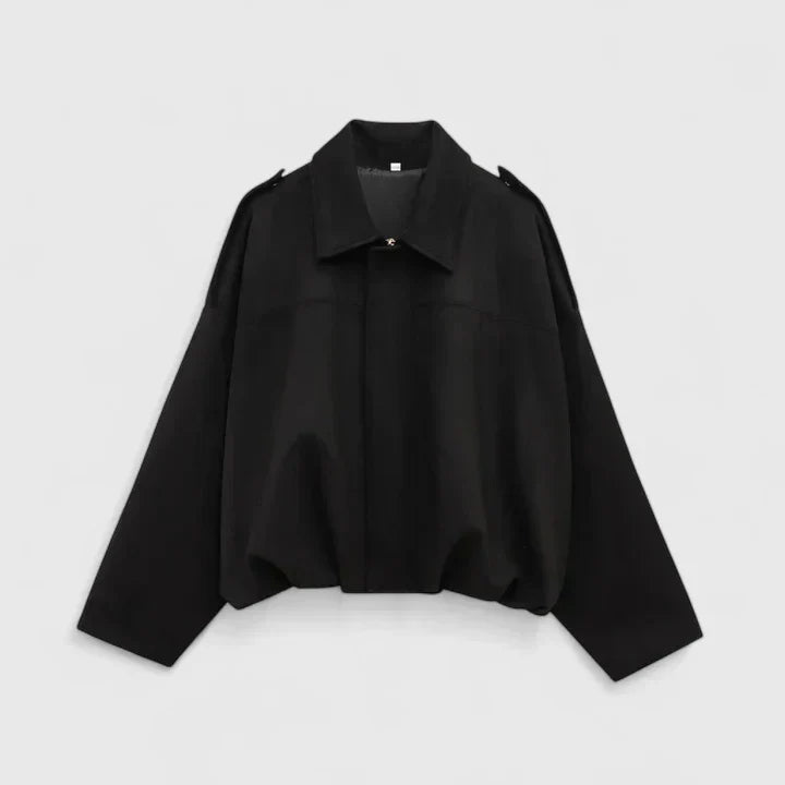 Effortless Suede Cropped Jacket for Women with Collar Long Sleeve Bubble Hem Oversized Relaxed Style
