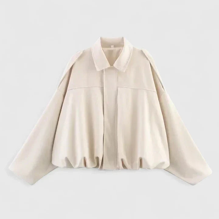 Effortless Suede Cropped Jacket for Women with Collar Long Sleeve Bubble Hem Oversized Relaxed Style
