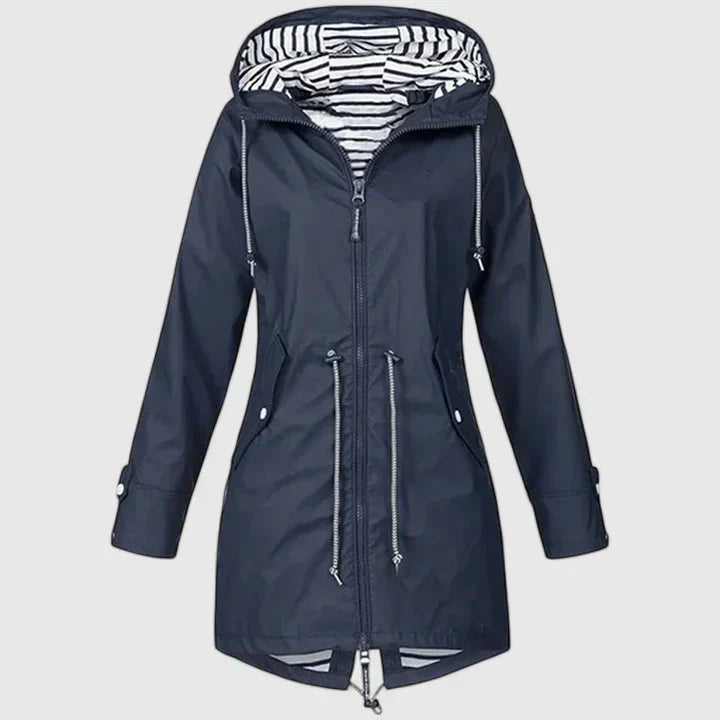 Effortless Striped Lined Rain Jacket for Women with Hooded Long Sleeve Zip Front Relaxed Style