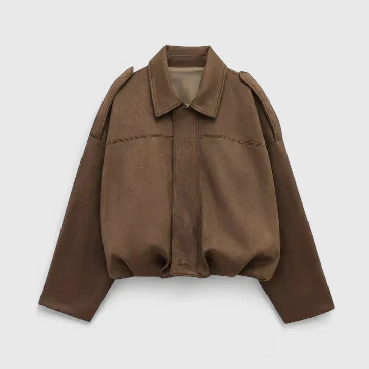 Effortless Suede Cropped Jacket for Women with Collar Long Sleeve Bubble Hem Oversized Relaxed Style