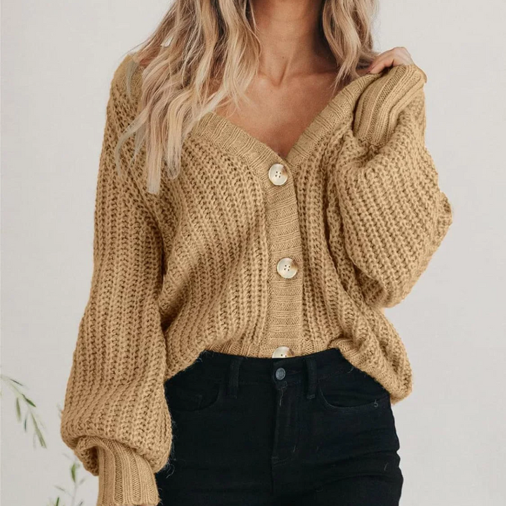 Comfortable Chunky Knit Cardigan Sweater for Women with V Neck Balloon Sleeve Button Front Oversized Style