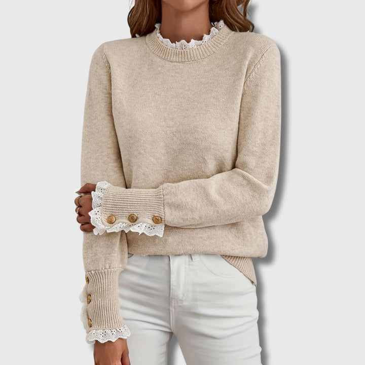 Comfortable Apricot Knit Sweater for Women with High Neck Long Sleeve Lace Trim Button Cuff Relaxed Style