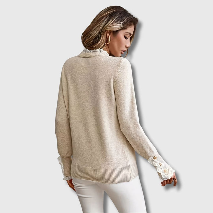 Comfortable Apricot Knit Sweater for Women with High Neck Long Sleeve Lace Trim Button Cuff Relaxed Style
