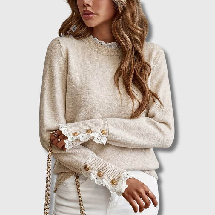 Comfortable Apricot Knit Sweater for Women with High Neck Long Sleeve Lace Trim Button Cuff Relaxed Style