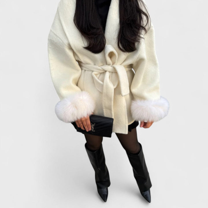 Elegant Wool Coat for Women with Shawl Collar Long Sleeve Belted Fur Cuff Style