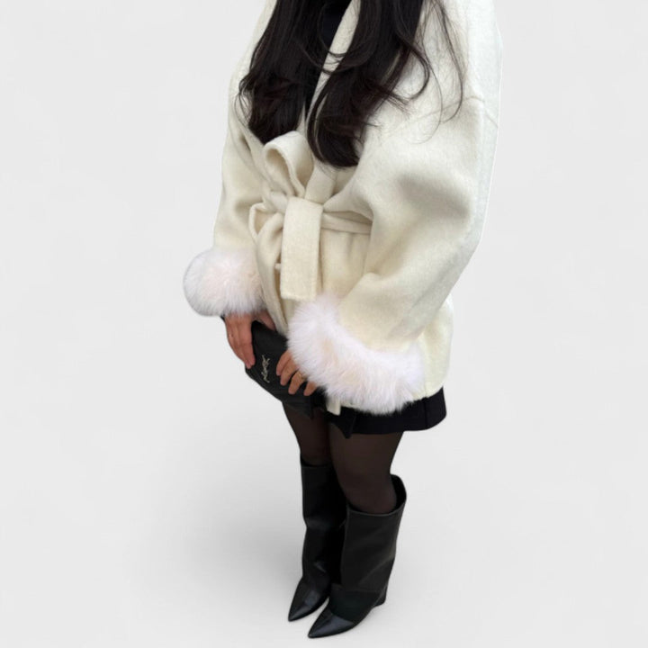 Elegant Wool Coat for Women with Shawl Collar Long Sleeve Belted Fur Cuff Style