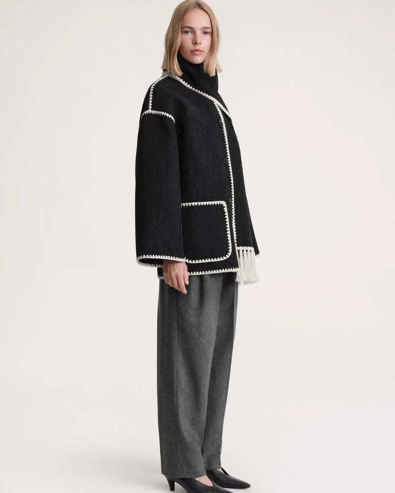 Elegant Wool Cape Jacket for Women with Scarf Collar Long Sleeve Whipstitch Fringe Oversized Style