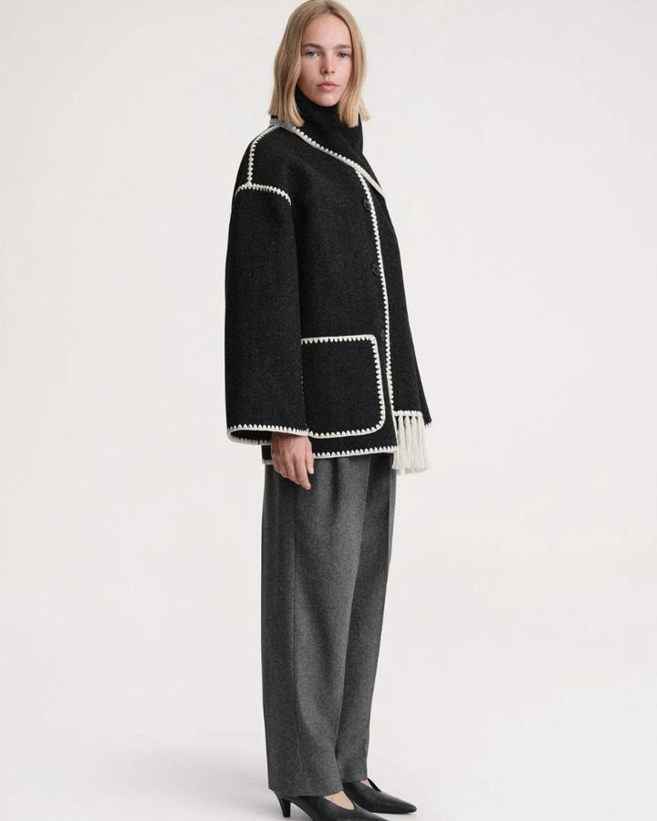 Elegant Wool Cape Jacket for Women with Scarf Collar Long Sleeve Whipstitch Fringe Oversized Style