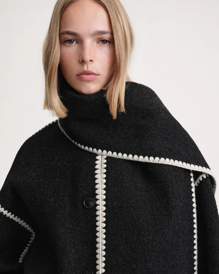 Elegant Wool Cape Jacket for Women with Scarf Collar Long Sleeve Whipstitch Fringe Oversized Style