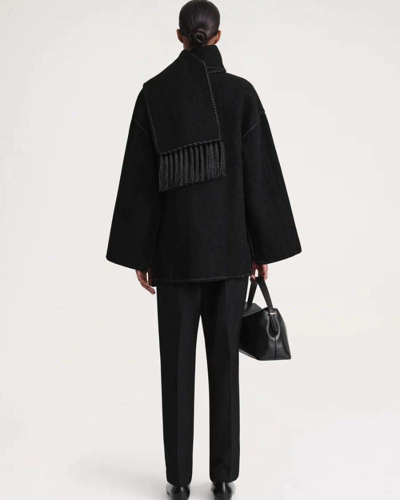 Elegant Wool Cape Jacket for Women with Scarf Collar Long Sleeve Whipstitch Fringe Oversized Style