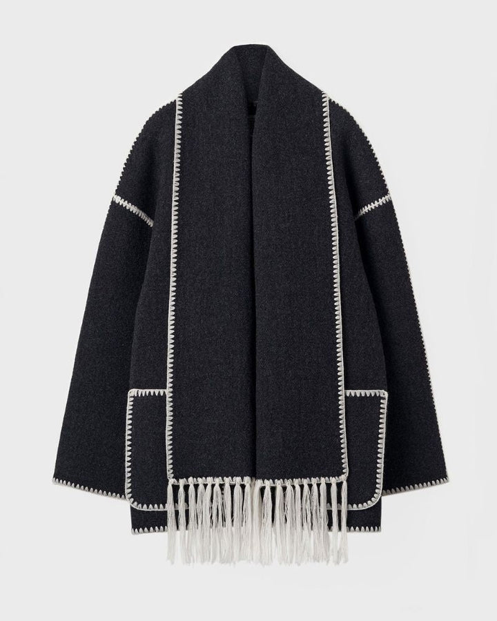Elegant Wool Cape Jacket for Women with Scarf Collar Long Sleeve Whipstitch Fringe Oversized Style