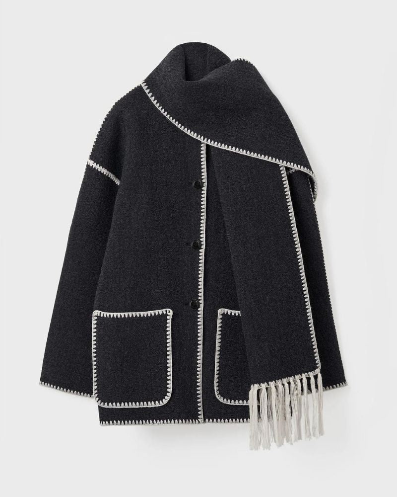 Elegant Wool Cape Jacket for Women with Scarf Collar Long Sleeve Whipstitch Fringe Oversized Style