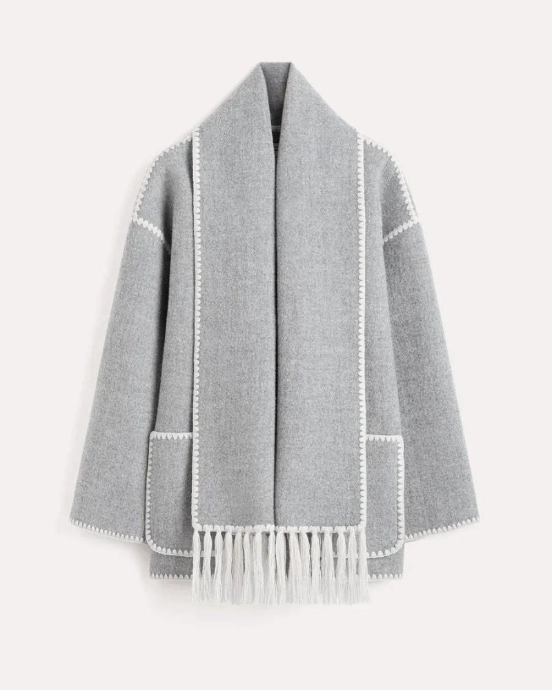 Elegant Wool Cape Jacket for Women with Scarf Collar Long Sleeve Whipstitch Fringe Oversized Style
