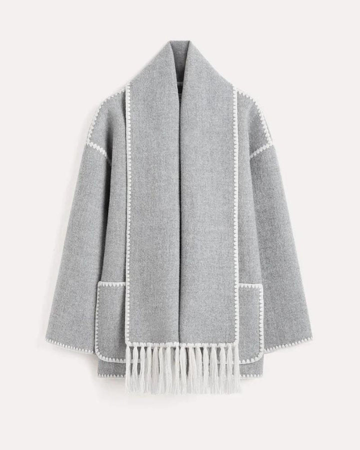 Elegant Wool Cape Jacket for Women with Scarf Collar Long Sleeve Whipstitch Fringe Oversized Style