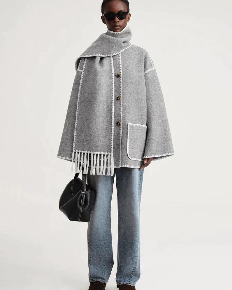 Elegant Wool Cape Jacket for Women with Scarf Collar Long Sleeve Whipstitch Fringe Oversized Style
