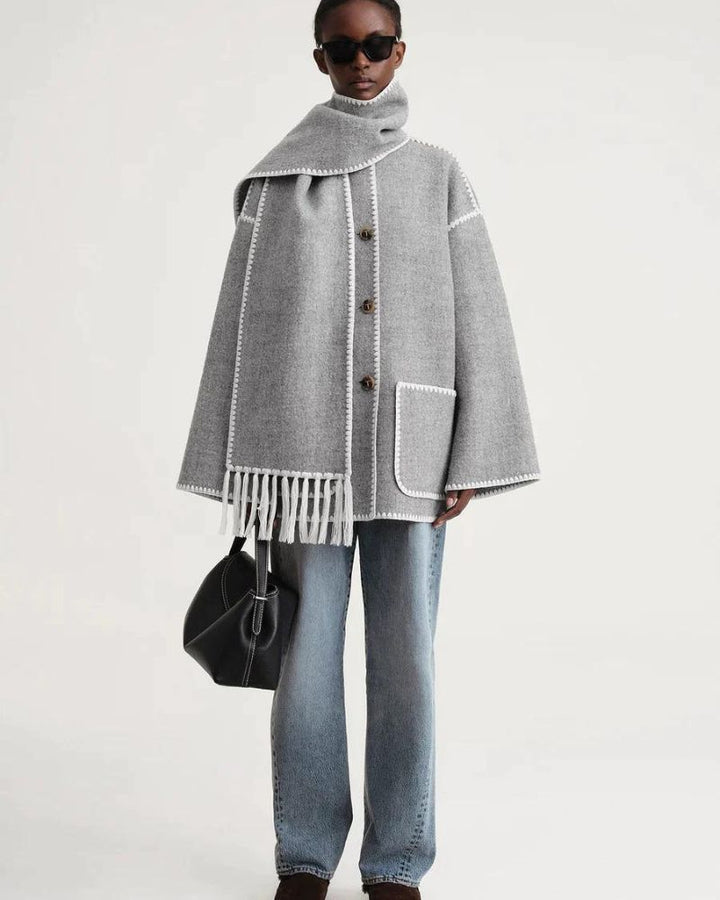 Elegant Wool Cape Jacket for Women with Scarf Collar Long Sleeve Whipstitch Fringe Oversized Style
