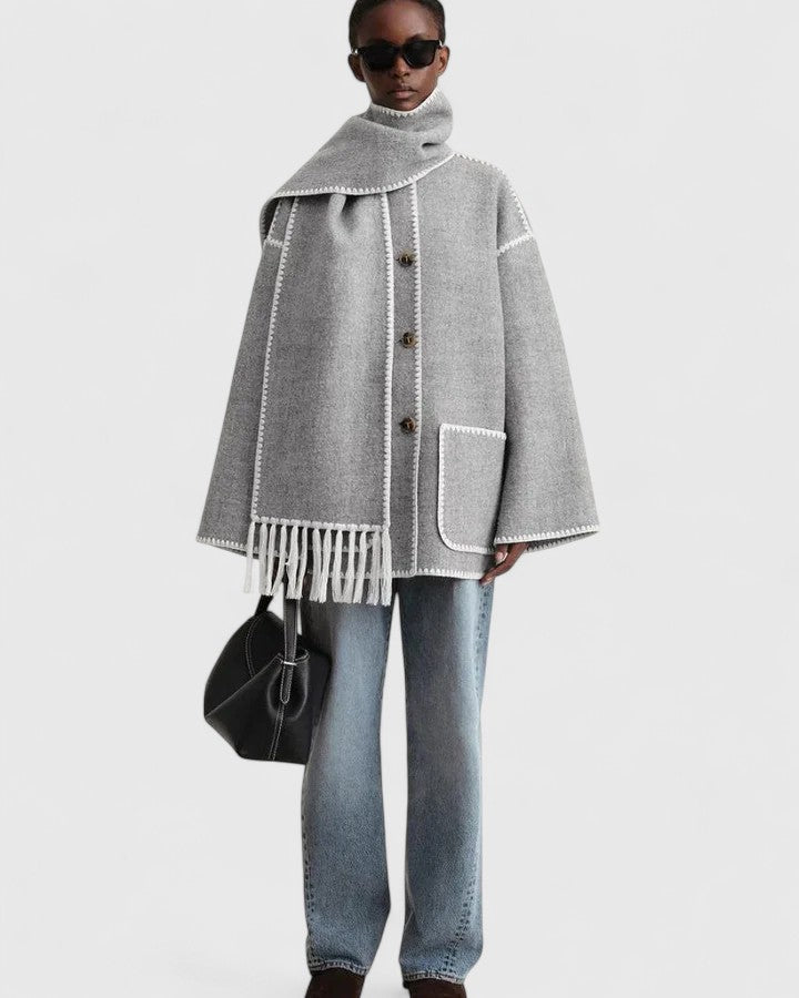 Elegant Wool Cape Jacket for Women with Scarf Collar Long Sleeve Whipstitch Fringe Oversized Style