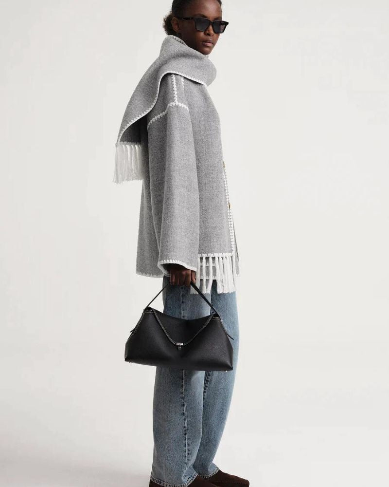 Elegant Wool Cape Jacket for Women with Scarf Collar Long Sleeve Whipstitch Fringe Oversized Style