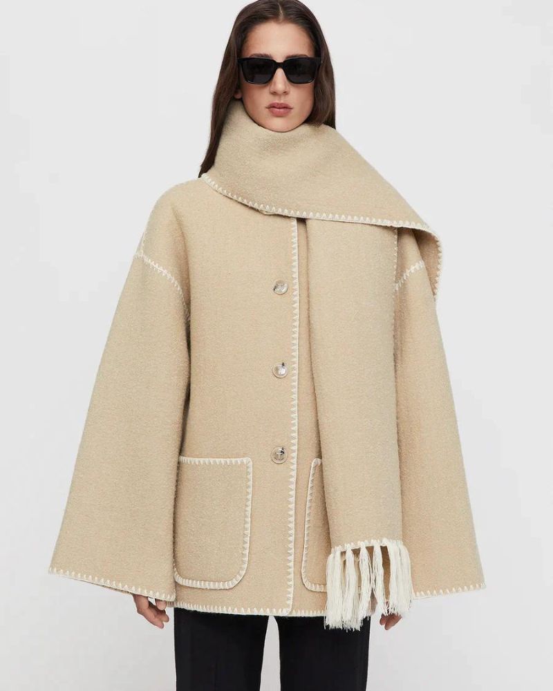 Elegant Wool Cape Jacket for Women with Scarf Collar Long Sleeve Whipstitch Fringe Oversized Style