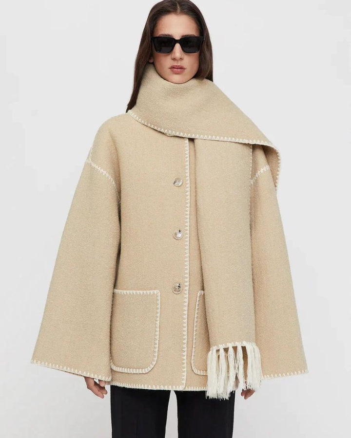 Elegant Wool Cape Jacket for Women with Scarf Collar Long Sleeve Whipstitch Fringe Oversized Style