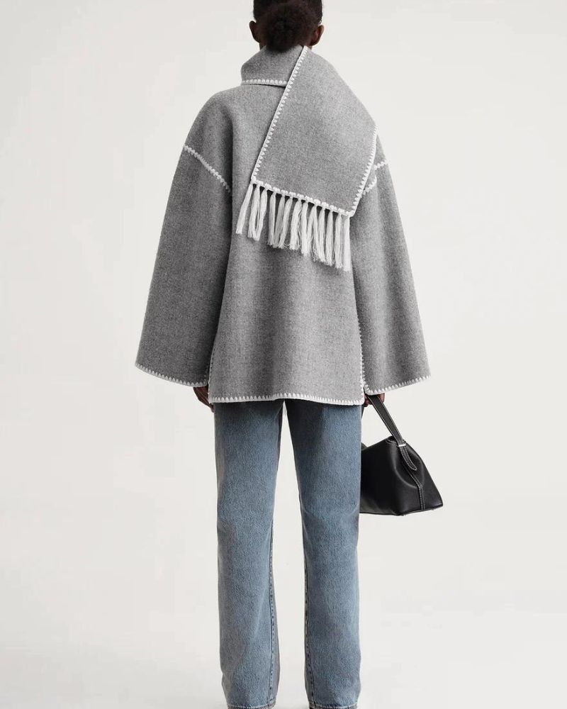 Elegant Wool Cape Jacket for Women with Scarf Collar Long Sleeve Whipstitch Fringe Oversized Style