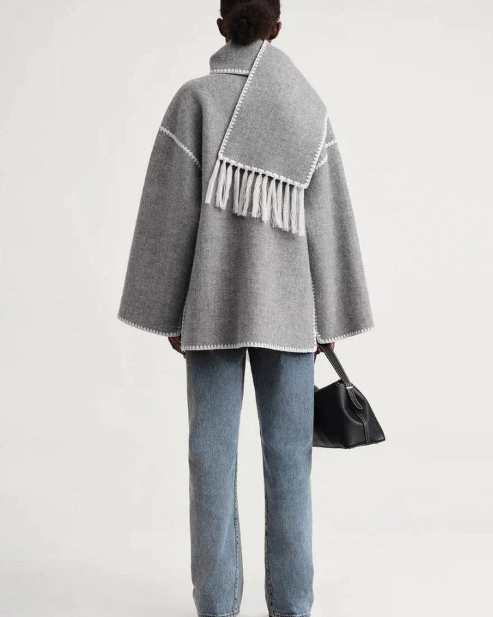 Elegant Wool Cape Jacket for Women with Scarf Collar Long Sleeve Whipstitch Fringe Oversized Style