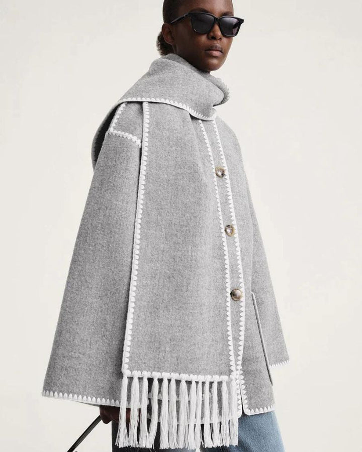 Elegant Wool Cape Jacket for Women with Scarf Collar Long Sleeve Whipstitch Fringe Oversized Style