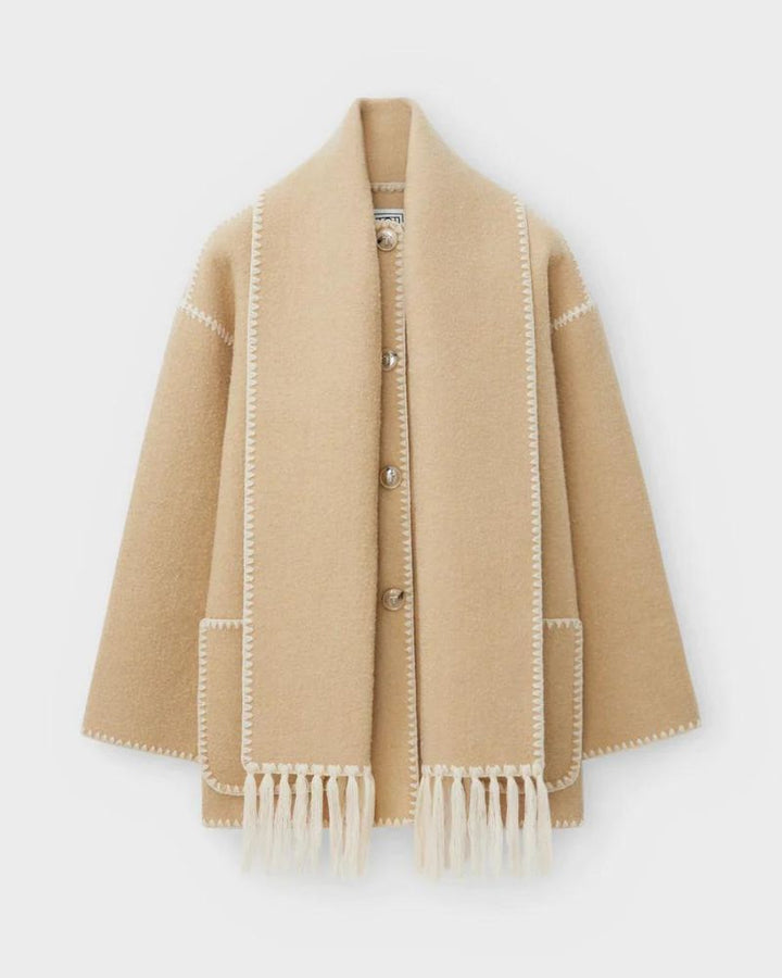 Elegant Wool Cape Jacket for Women with Scarf Collar Long Sleeve Whipstitch Fringe Oversized Style