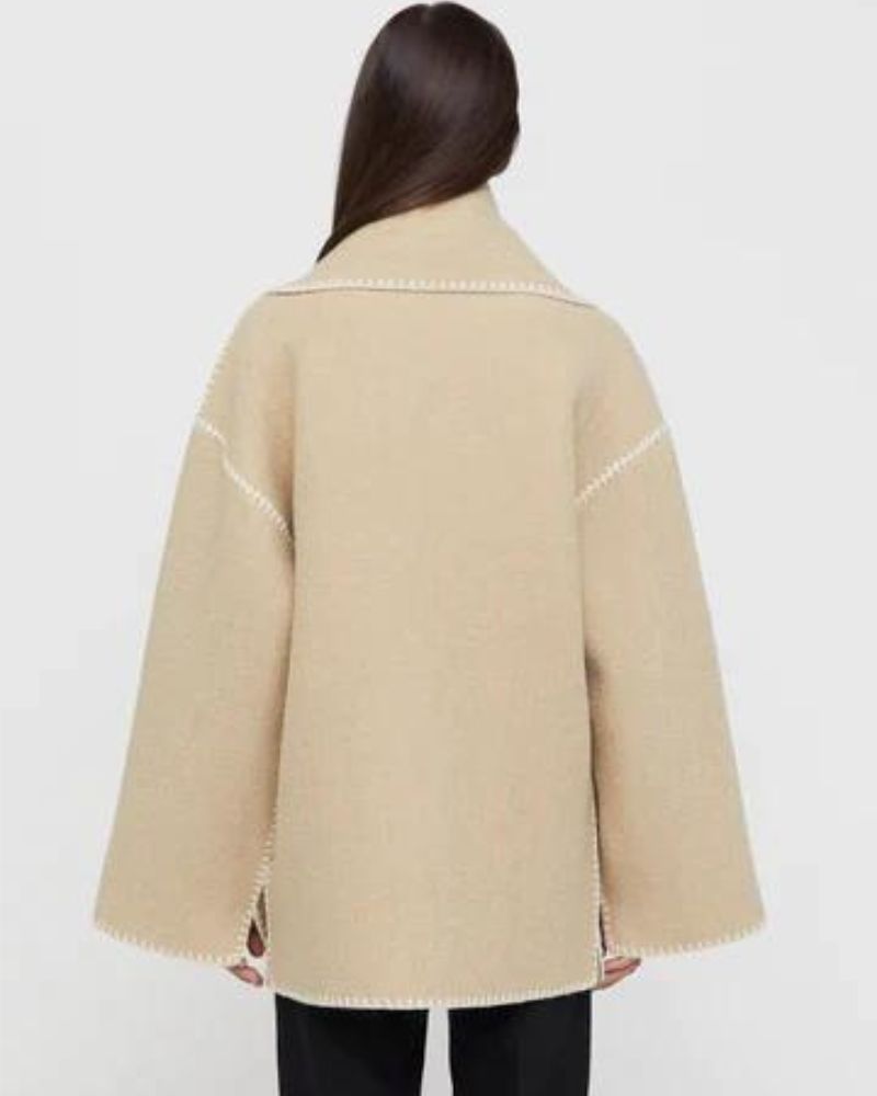 Elegant Wool Cape Jacket for Women with Scarf Collar Long Sleeve Whipstitch Fringe Oversized Style