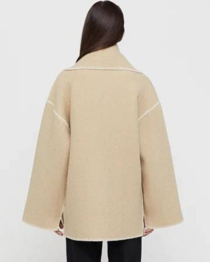Elegant Wool Cape Jacket for Women with Scarf Collar Long Sleeve Whipstitch Fringe Oversized Style