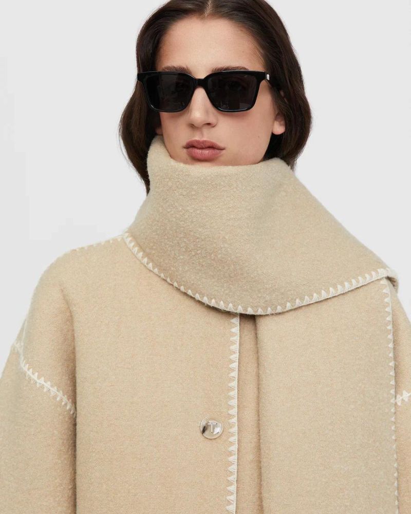 Elegant Wool Cape Jacket for Women with Scarf Collar Long Sleeve Whipstitch Fringe Oversized Style