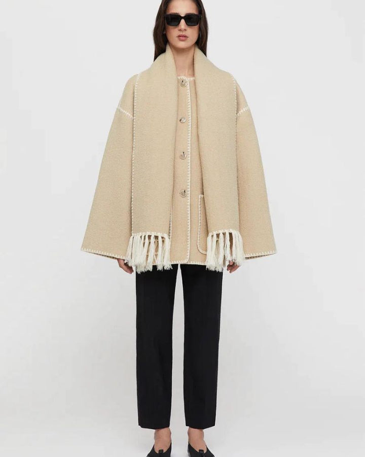 Elegant Wool Cape Jacket for Women with Scarf Collar Long Sleeve Whipstitch Fringe Oversized Style