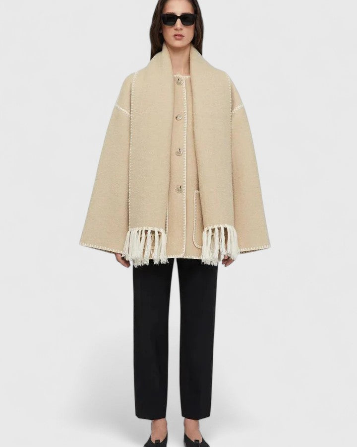 Elegant Wool Cape Jacket for Women with Scarf Collar Long Sleeve Whipstitch Fringe Oversized Style