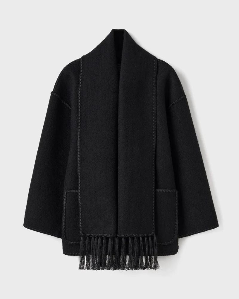 Elegant Wool Cape Jacket for Women with Scarf Collar Long Sleeve Whipstitch Fringe Oversized Style