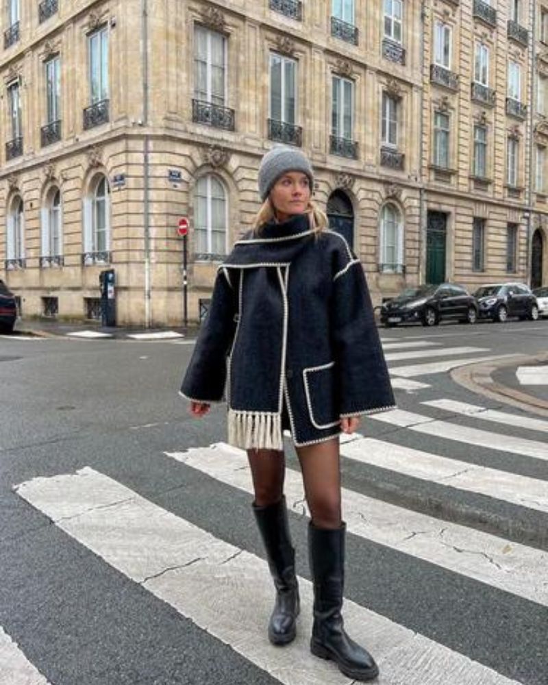 Elegant Wool Cape Jacket for Women with Scarf Collar Long Sleeve Whipstitch Fringe Oversized Style