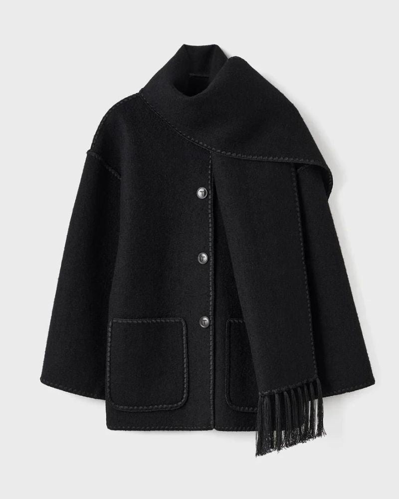 Elegant Wool Cape Jacket for Women with Scarf Collar Long Sleeve Whipstitch Fringe Oversized Style