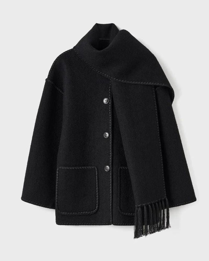 Elegant Wool Cape Jacket for Women with Scarf Collar Long Sleeve Whipstitch Fringe Oversized Style