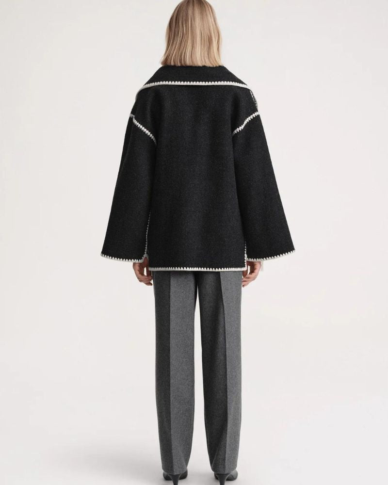 Elegant Wool Cape Jacket for Women with Scarf Collar Long Sleeve Whipstitch Fringe Oversized Style