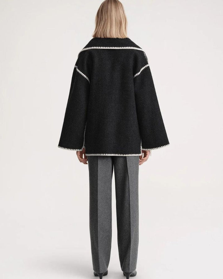 Elegant Wool Cape Jacket for Women with Scarf Collar Long Sleeve Whipstitch Fringe Oversized Style