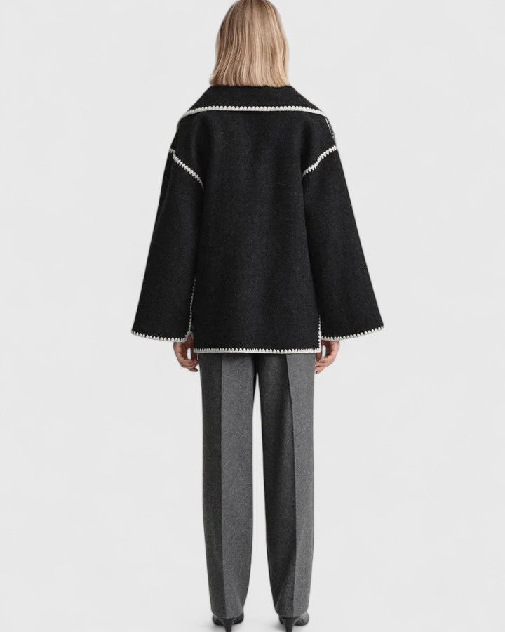 Elegant Wool Cape Jacket for Women with Scarf Collar Long Sleeve Whipstitch Fringe Oversized Style