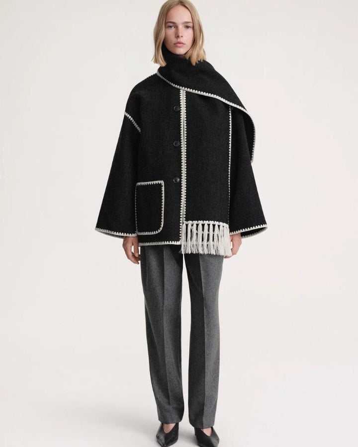 Elegant Wool Cape Jacket for Women with Scarf Collar Long Sleeve Whipstitch Fringe Oversized Style