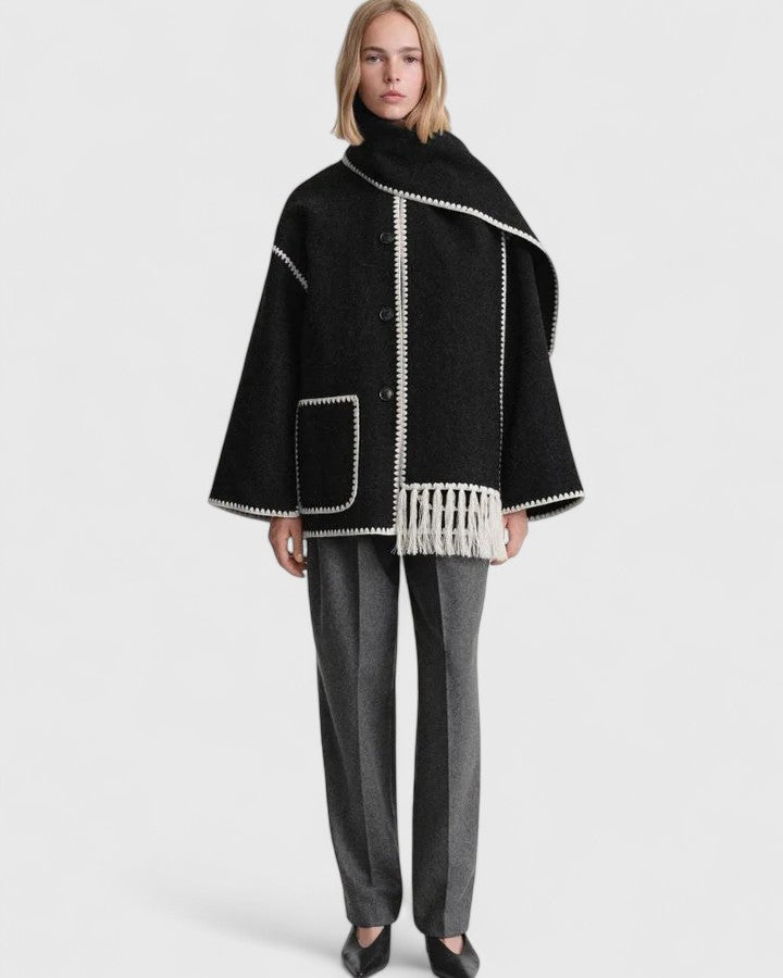 Elegant Wool Cape Jacket for Women with Scarf Collar Long Sleeve Whipstitch Fringe Oversized Style