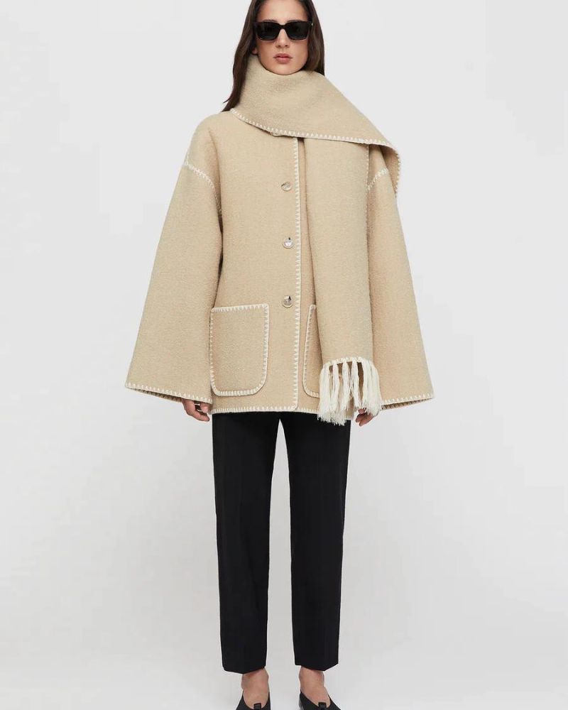 Elegant Wool Cape Jacket for Women with Scarf Collar Long Sleeve Whipstitch Fringe Oversized Style