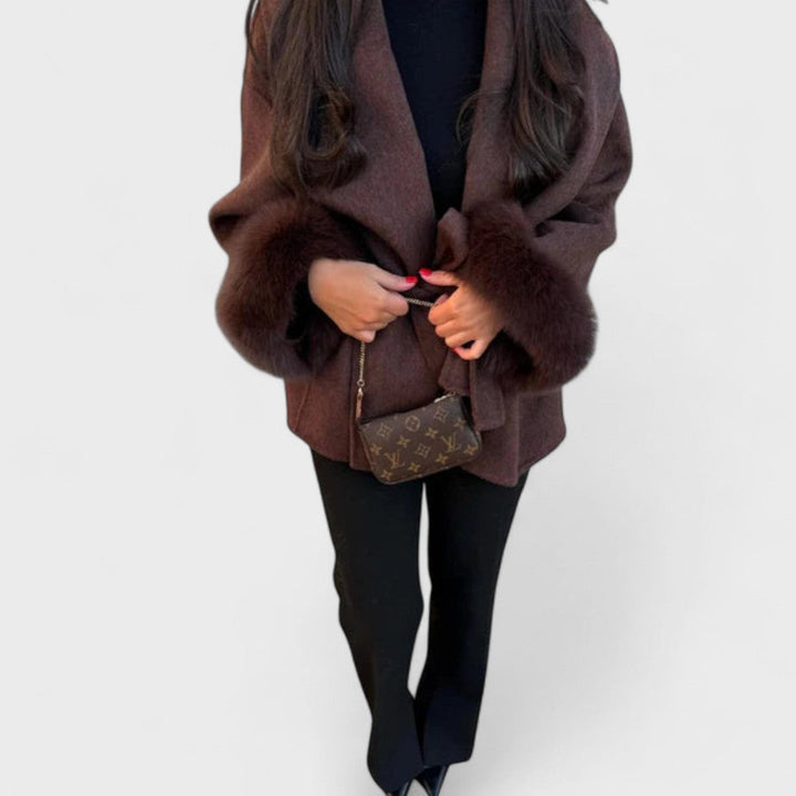 Elegant Wool Coat for Women with Shawl Collar Long Sleeve Belted Fur Cuff Style