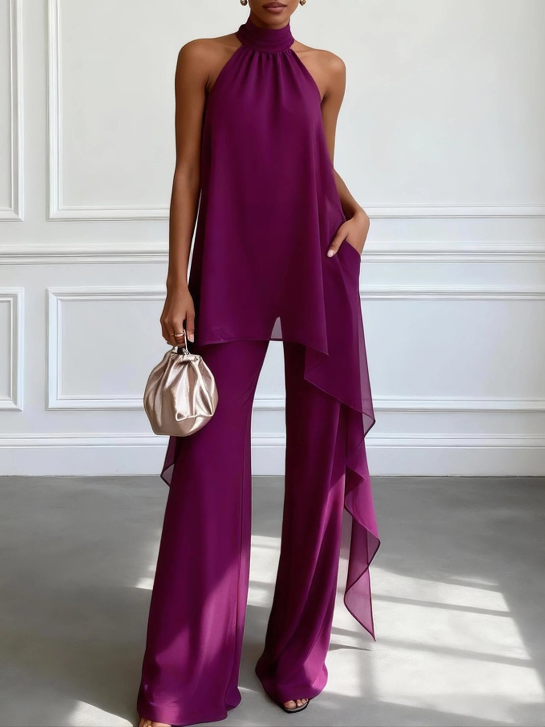 Elegant Purple Chiffon Two Piece Set for Women with High Neck Halter Overlay Wide Leg Pant Formal Style