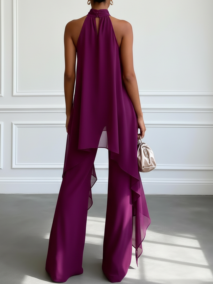 Elegant Purple Chiffon Two Piece Set for Women with High Neck Halter Overlay Wide Leg Pant Formal Style