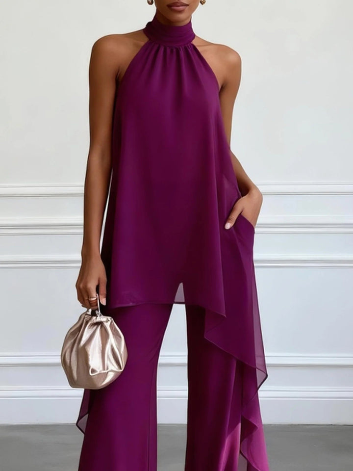 Elegant Purple Chiffon Two Piece Set for Women with High Neck Halter Overlay Wide Leg Pant Formal Style